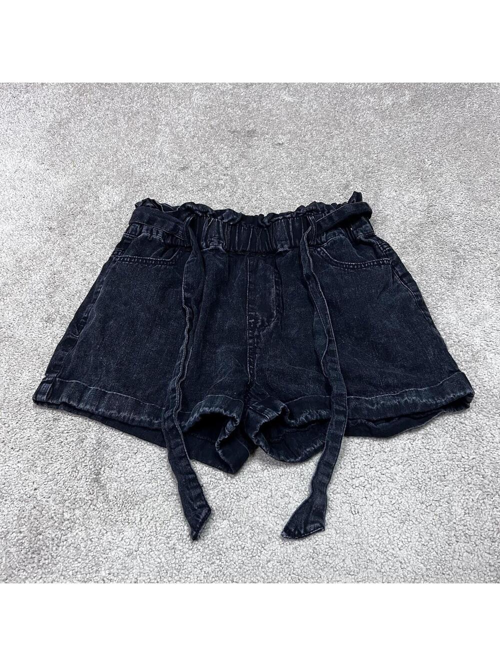 Tgla Shorts Women’s Black Elastic Waist Belted Denim Pockets Size Small